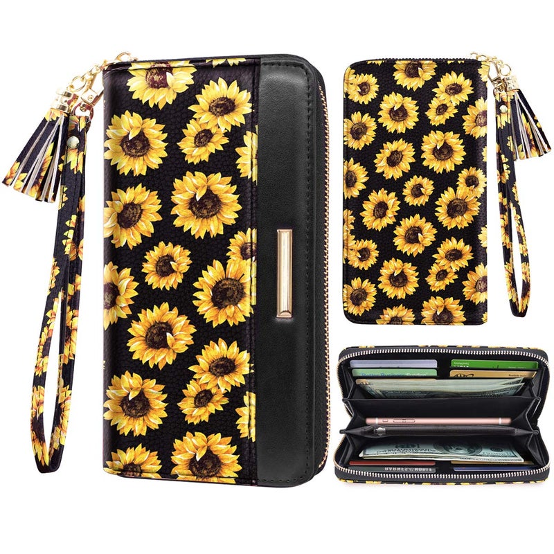 Coco Rossi Women Wallets Multi Card Case Wallet Clutch Wallet Card Holder Organizer Ladies Purse Floral Tassel Wrist strap Purse,Sunflower - Image 1